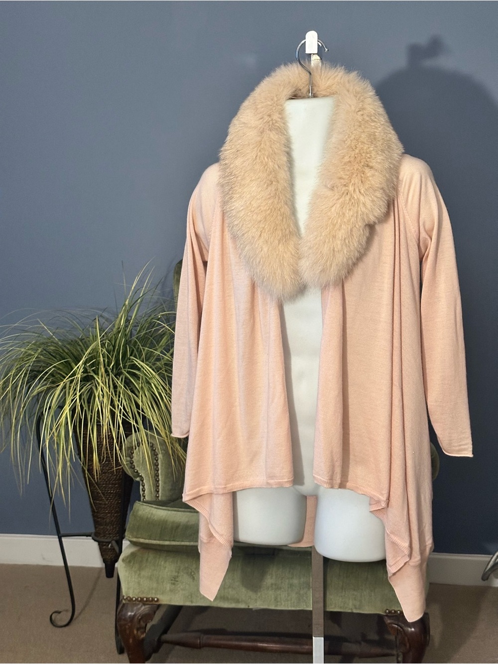 Alice+Olivia Izzy Cashmere Wool Cardigan Real Fox Fur Collar Blush Pink Sweater
